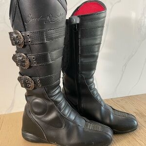 Black Leather Motorcycle Boots with buckles (red interior)